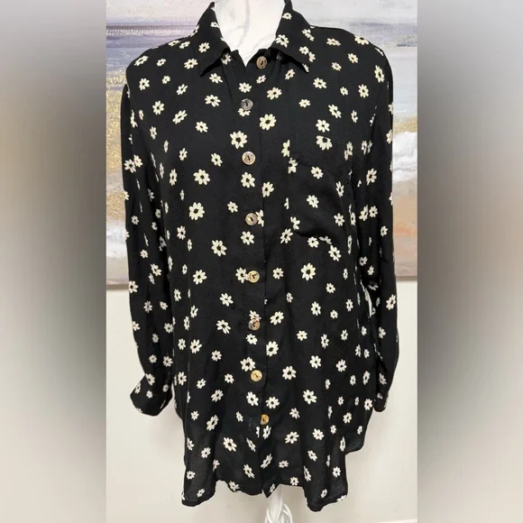 CAROLE LITTLE Collared Blouse Top Button Front Black off-white flowers  Size 6 - Picture 2 of 5